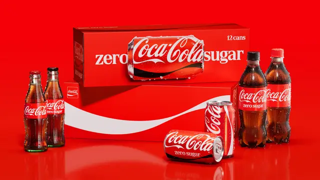 Coca‑Cola Zero Sugar packaging family — cans, glass & PET bottles, 12‑can carton