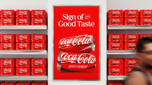Coca‑Cola red unified-shelf display with 'Sign of Good Taste' poster (Zero Sugar cans)