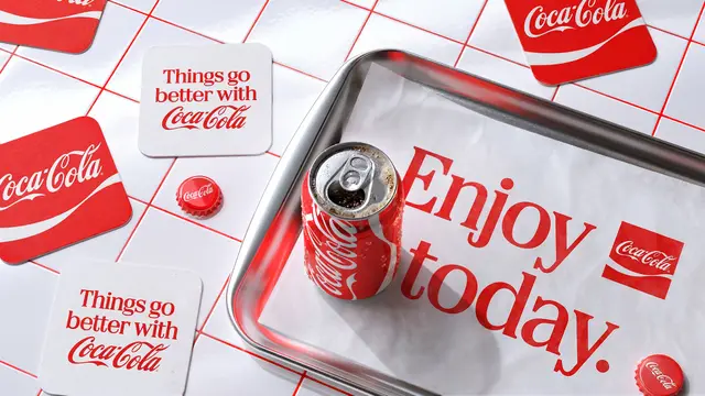 Coca‑Cola mockup: 'Enjoy today.' can on tray with coasters
