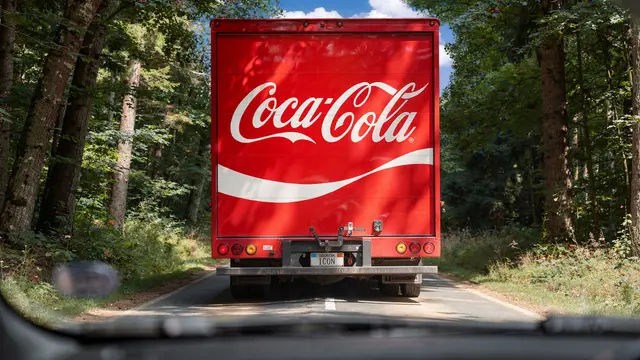 Rear view of Coca‑Cola delivery truck on tree-lined road