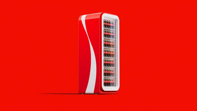 Coca‑Cola concept glass‑front refrigerator with white ribbon on red field