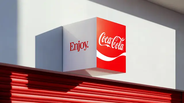 Coca-Cola projecting cube sign on white storefront with red roller shutter
