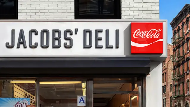 Jacobs' Deli storefront with red Coca-Cola box sign