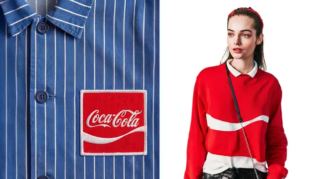 Coca-Cola Classics merch — red sweatshirt and embroidered logo patch on blue pinstripe