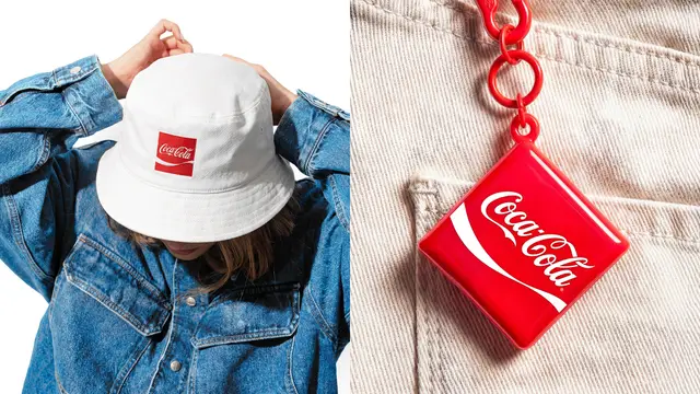 Coca‑Cola Classics merch — white bucket hat with red logo and glossy red keychain