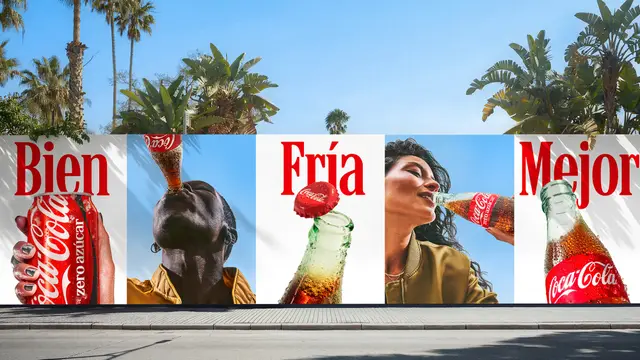 Coca‑Cola outdoor campaign — Bien Fría Mejor (four‑panel billboard)