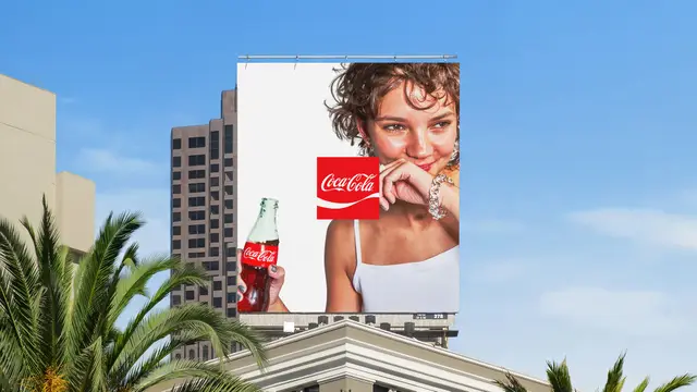 Coca‑Cola rooftop billboard — woman with glass bottle