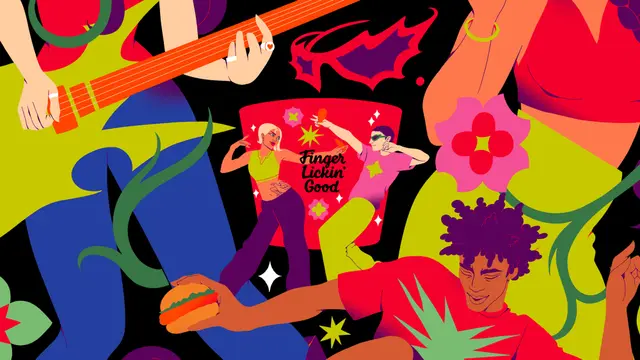 KFC promotional illustration — neon music-festival scene with 'Finger Lickin' Good' poster
