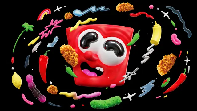 KFC-inspired glossy red mascot with floating fried chicken and colorful sauce splashes (3D