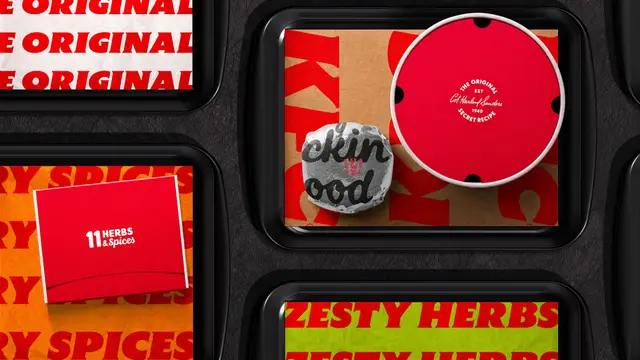 KFC packaging mockup — red bucket lid, 11 Herbs & Spices box, burger wrapper