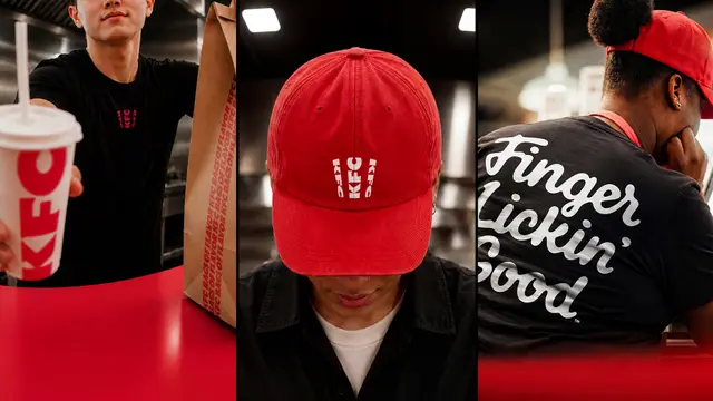 KFC in-store uniform triptych — red cap, branded cup, 'Finger Lickin' Good' tee