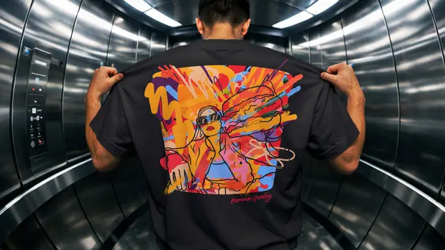 Black streetwear T‑shirt with neon pop‑art back print in mirrored elevator