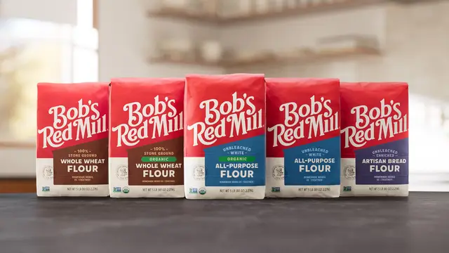 Bob's Red Mill flour packaging lineup on kitchen counter