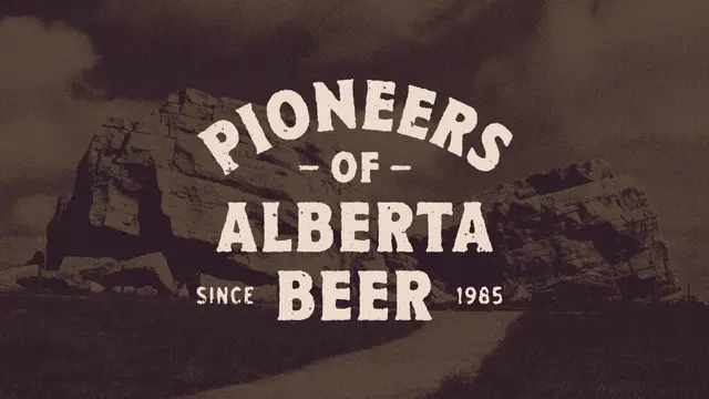 Vintage typographic lockup: "Pioneers of Alberta Beer" over rocky landscape