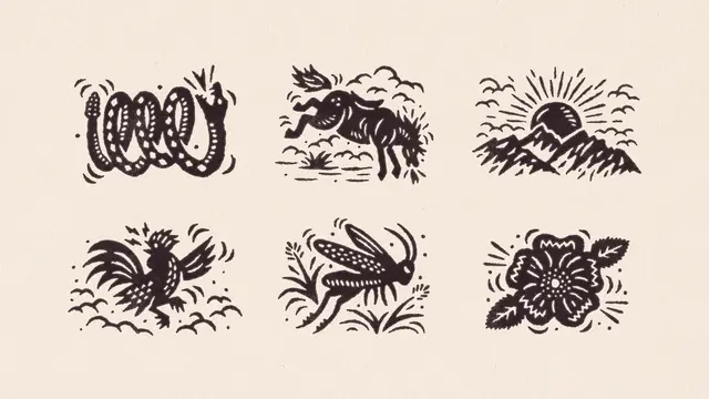 Six vintage woodcut nature vignettes on beige paper