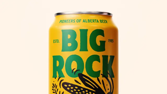 Big Rock beer can close-up — yellow can with green BIG ROCK logo