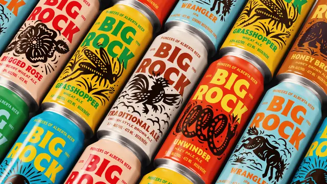 Big Rock beer can packaging — colorful illustrated cans arranged in diagonal grid