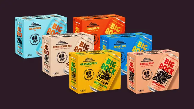 Big Rock colorful 12‑pack beer cartons with bold logotype