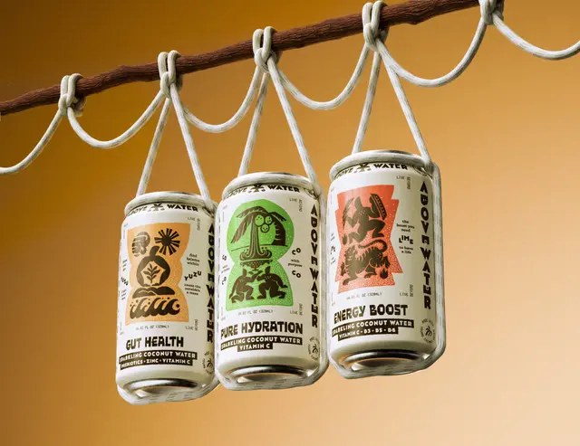 Above Water — three sparkling coconut water cans (Gut Health, Pure Hydration, Energy Boost