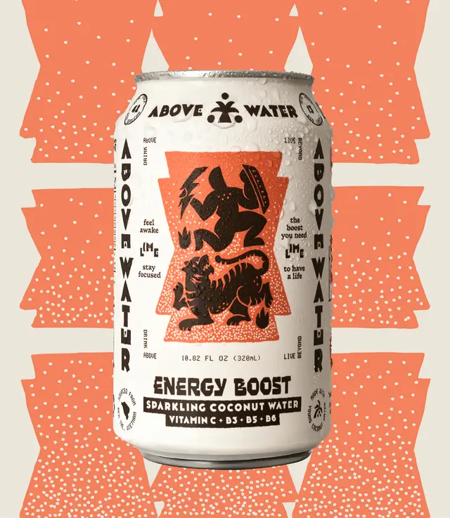 Above Water — Energy Boost sparkling coconut water can (white with coral illustration)