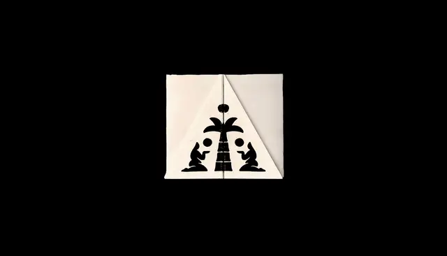 Above Water — folded white paper with black silhouetted palm and kneeling figures