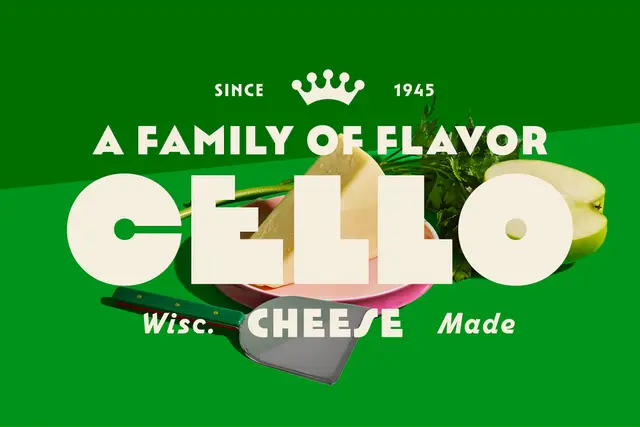 CELLO Wisconsin Cheese logo with cheese wedge, slicer and apple on green background