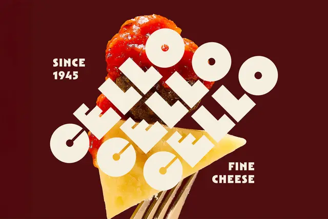 CELLO — bold repeating logotype over cheese wedge with chutney