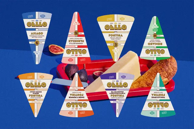OLLO triangular cheese-wedge packaging — assorted flavors, product shot