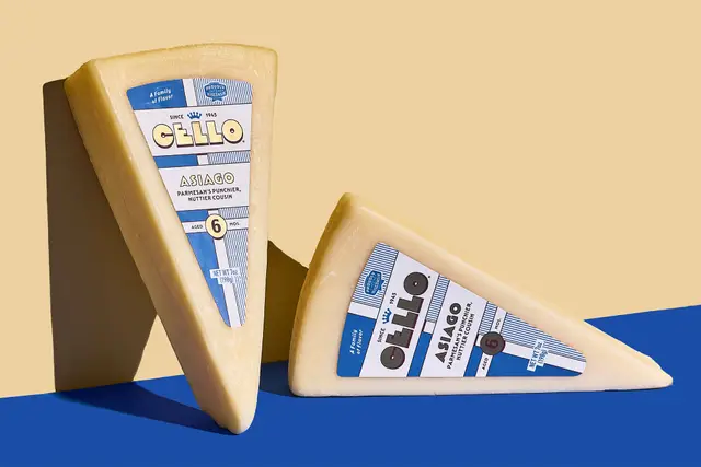 CELLO Asiago cheese wedges with blue-and-white triangular labels