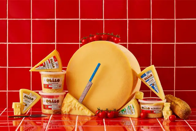 CELLO cheese packaging family on red tiled backdrop