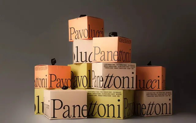 Panettoni Pavolucci — warm-toned boxed packaging with oversized serif