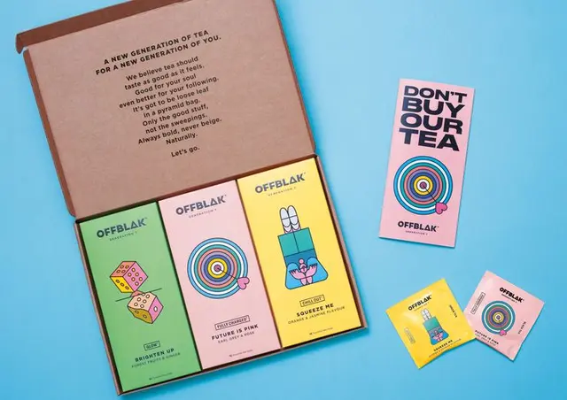 OFFBLAK pastel graphic tea packaging by & SMITH