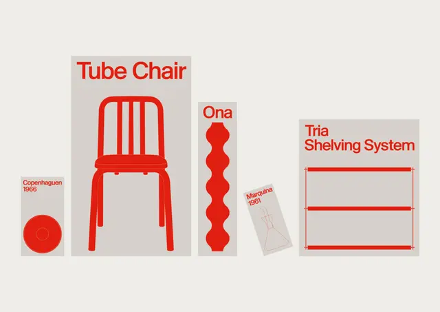 Mobles114 packaging samples — Tube Chair & Tria Shelving System (red on cream)
