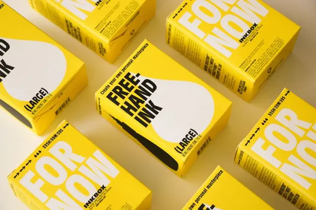 Inkbox yellow packaging — 'Free-Hand Ink' and 'For Now' boxed identity by Concrete