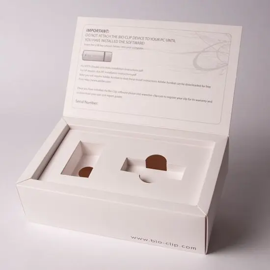 White Hinged-Lid Promotional Presentation Box with Die-Cut Insert (bio-clip)