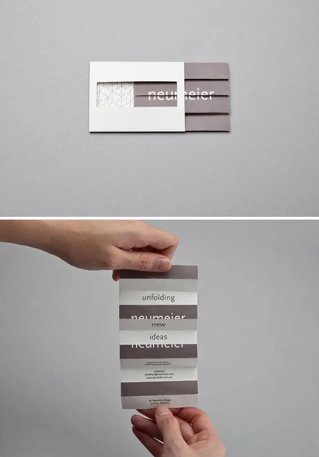 Sliding-sleeve business card with accordion pull-out labeled ‘neumeier’