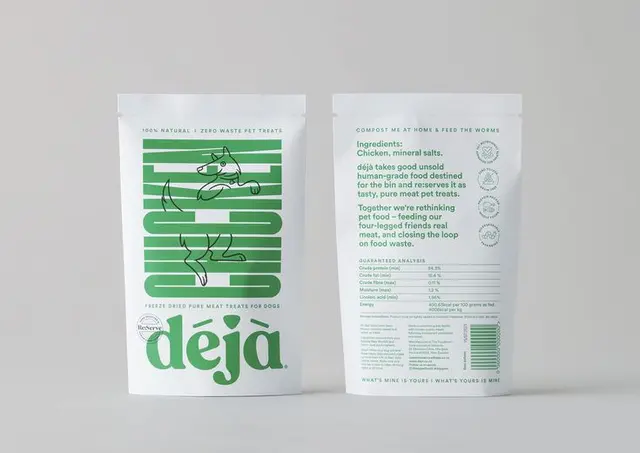 déjà — zero-waste dog food packaging with bold green typography