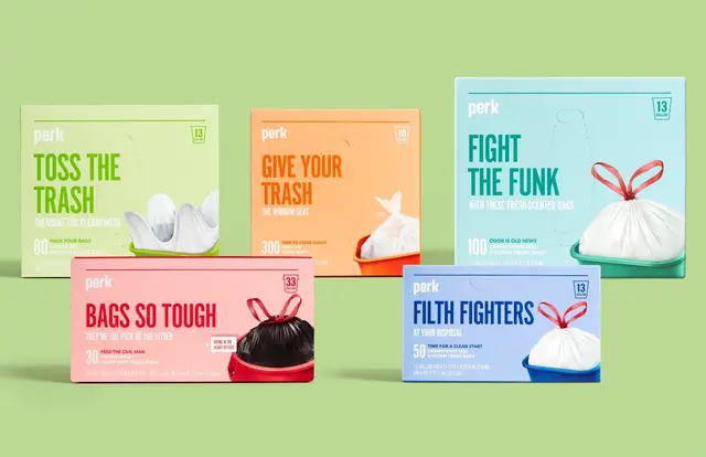 Perk breakroom essentials packaging — color-coded trash bag boxes