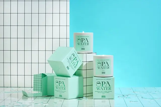 India Rose 'Spa Water' candle packaging — pastel mint product design by Best Studio