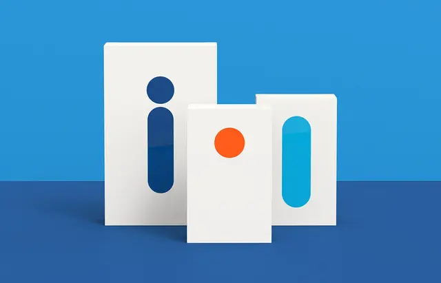 CliniCloud packaging — minimalist die‑cut boxes with bold color accents