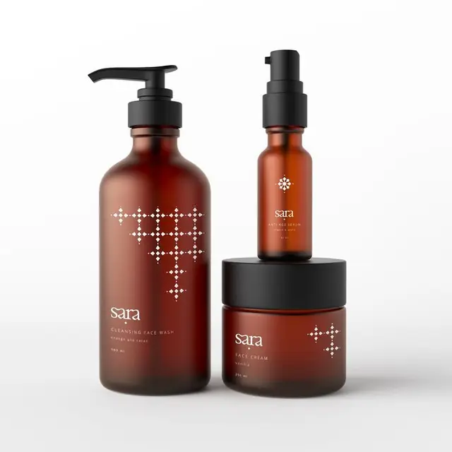 Sara amber glass skincare packaging set — cleansing wash, anti-age serum, face cream mock‑
