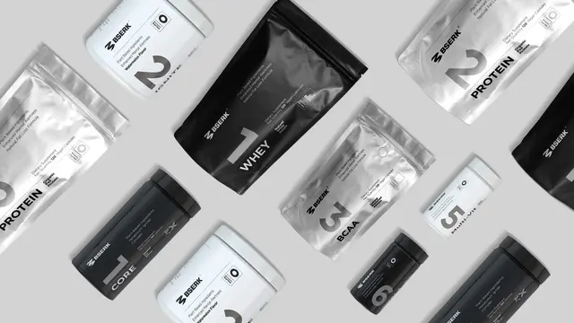 Bserk Sports monochrome supplement packaging — Ali Adams