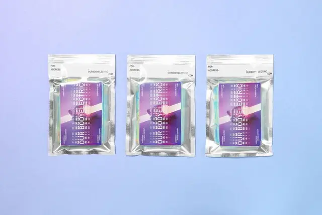 Obé iridescent holographic pouch packaging — Futura branding (DIELINE)