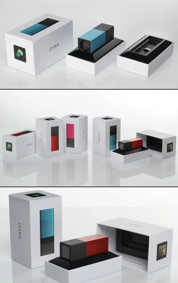 LYTRO light-field camera — white rigid slide-sleeve packaging with cyan and red accents