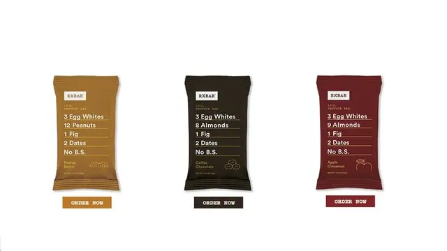 RXBAR minimalist wrappers — three flavor variants with ingredient-first labels