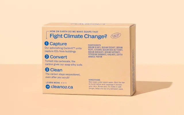 CleanO2 Eco Aloe body bar — packaging photo: 'Soap made with carbon captured by CleanO2'