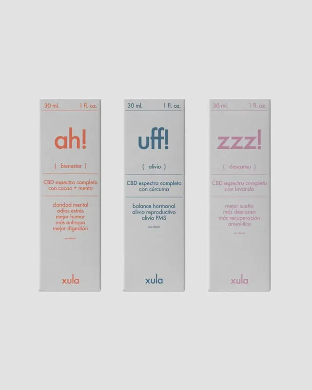 Xula CBD packaging — three 30 ml boxes labeled ah!, uff!, zzz!