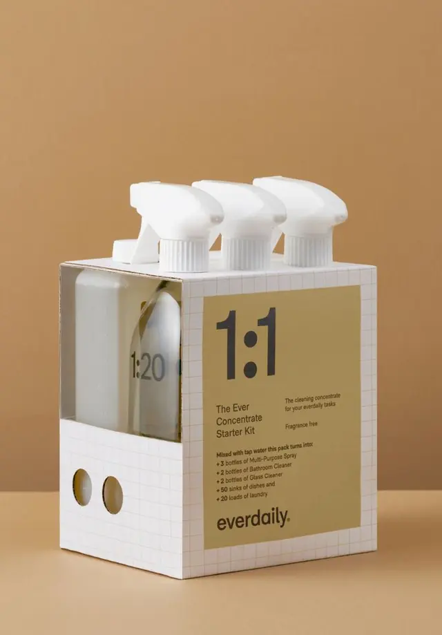 Everdaily refillable cleaning concentrates — minimalist packaging and dilution ratios