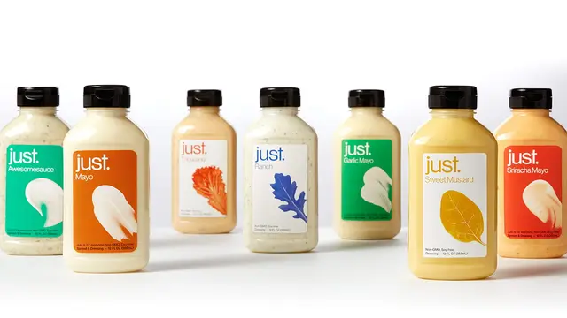 Hampton Creek 'just.' condiment line — colorful minimalist bottle redesign