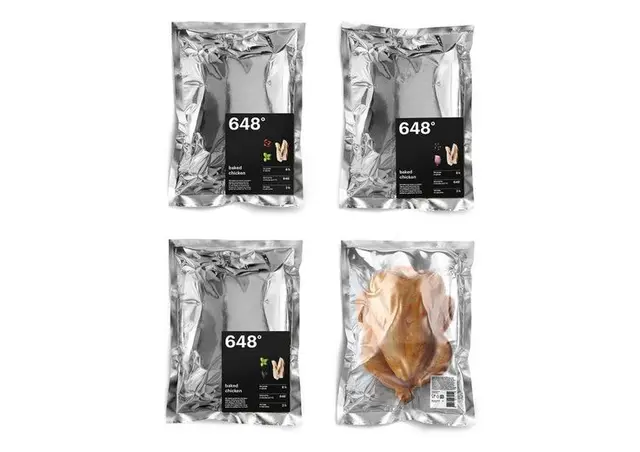 648° Baked Chicken — Silver Vacuum-Sealed Foil Pouches with Matte Black Label